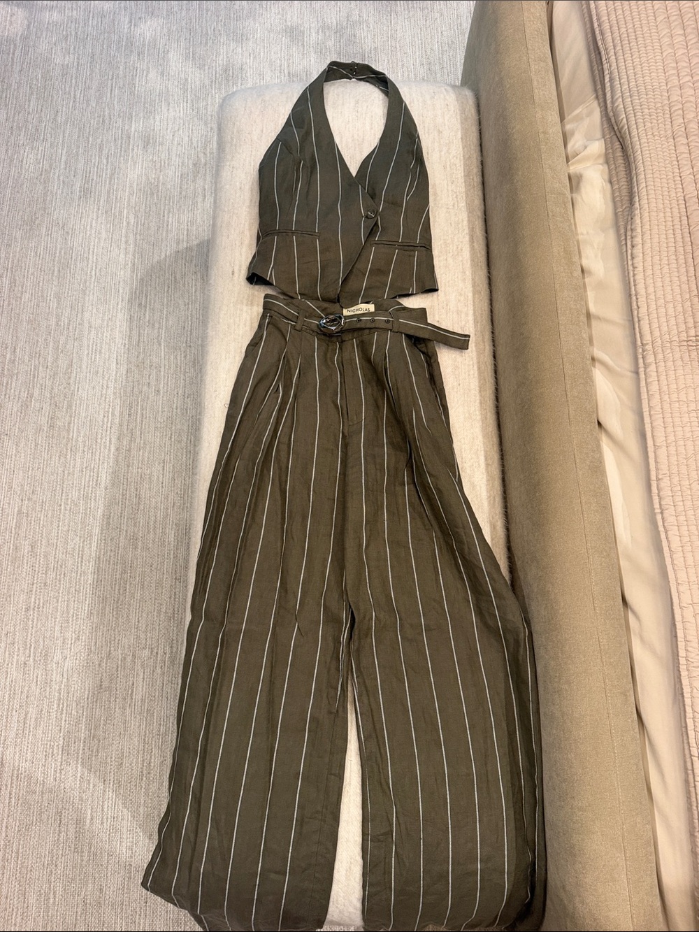 NICHOLAS Olive Pinstripe Halter Vest & High-Waist Pants Set